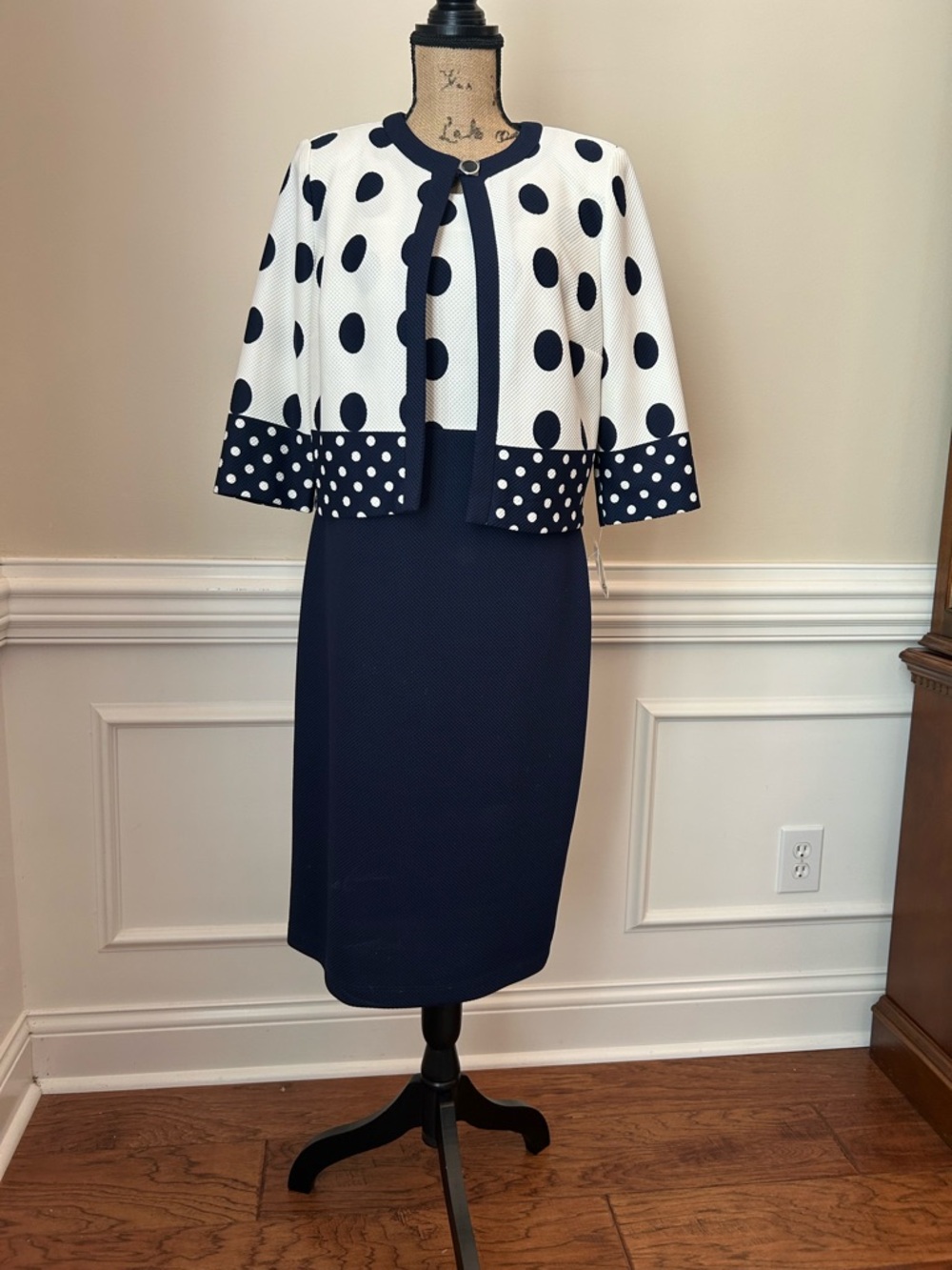 Navy Sheath Dress with White Polka Dot Jacket